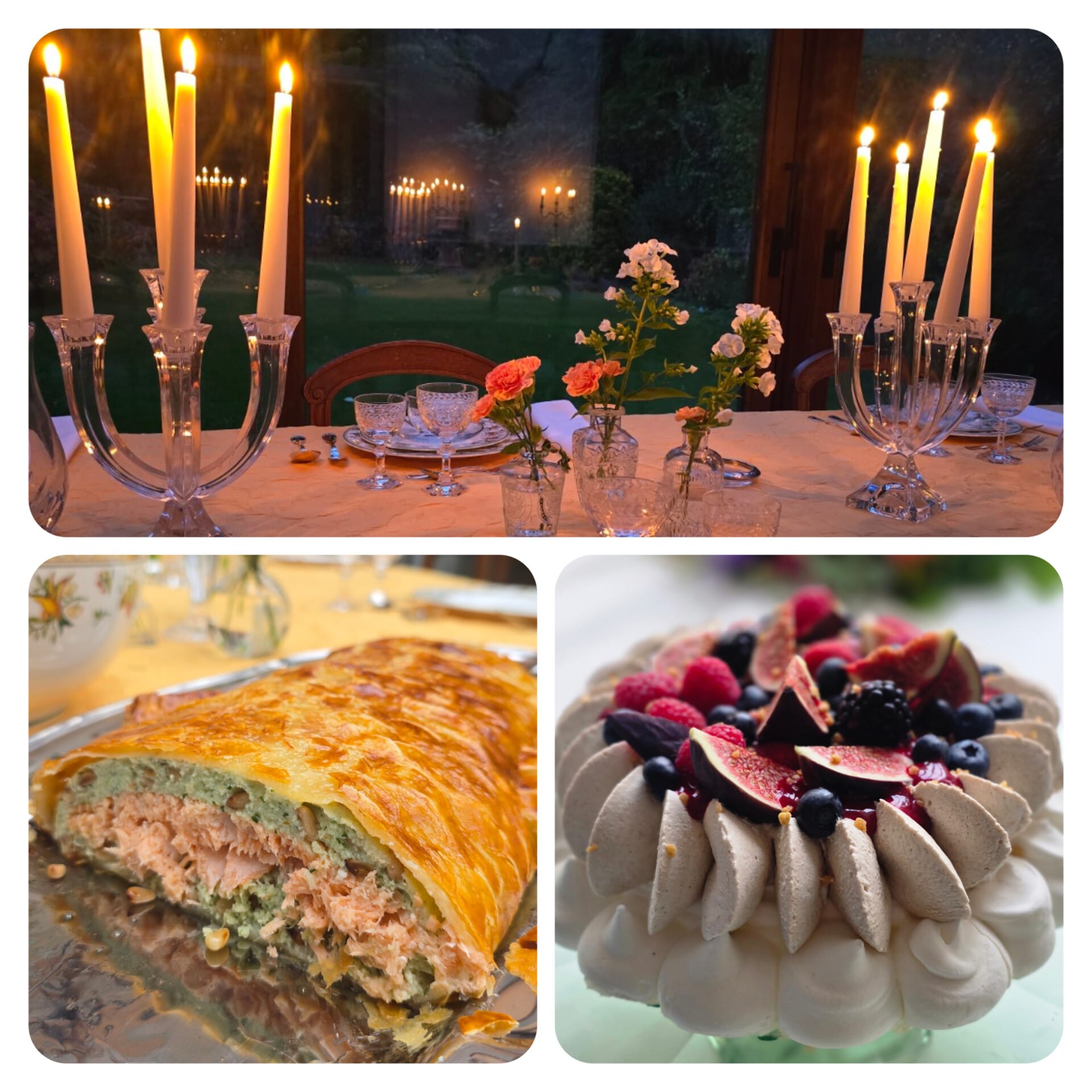 Une jolie table, un saumon en croûte et une pavlova d'automne
